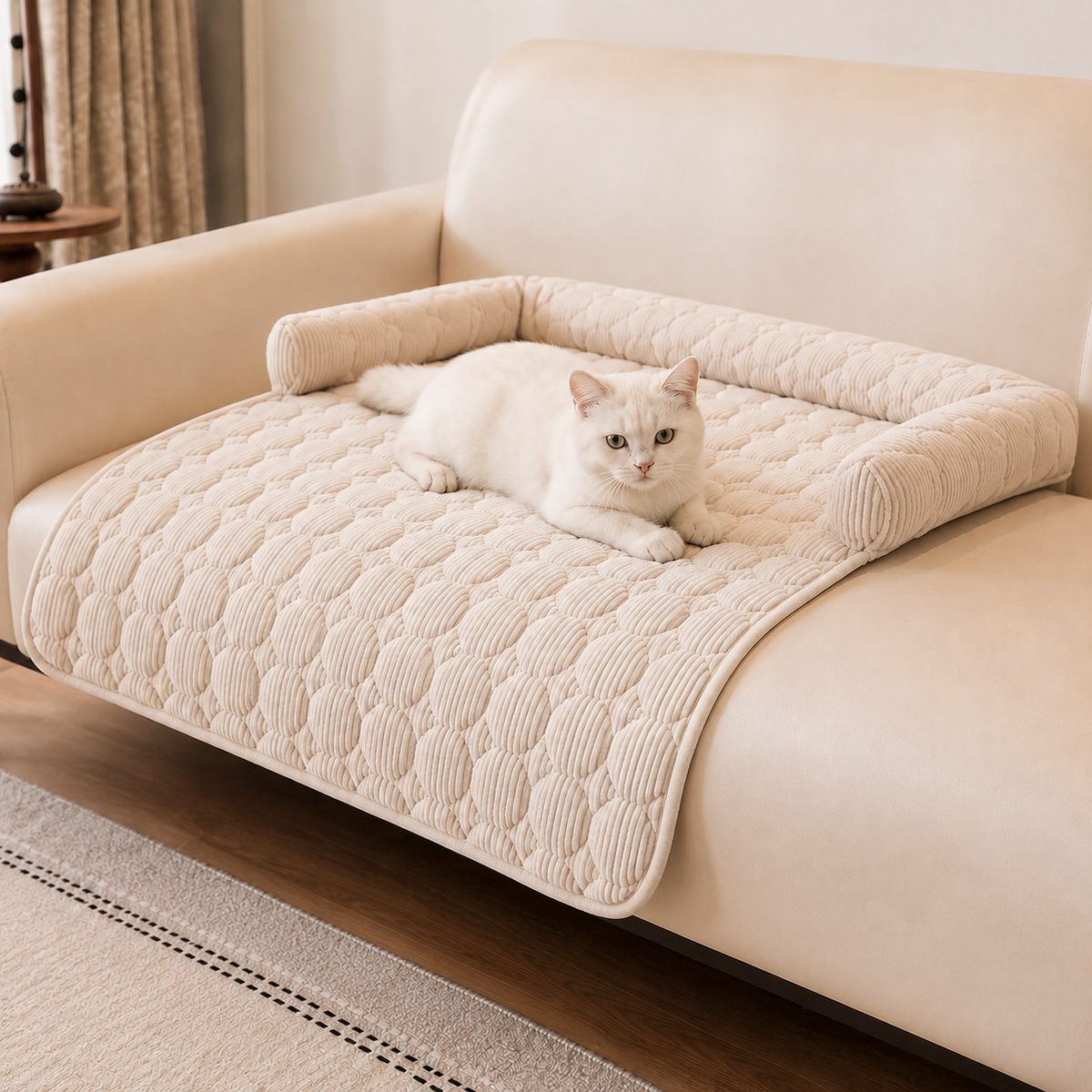 White cat lying on the Oasis cushion on a sofa