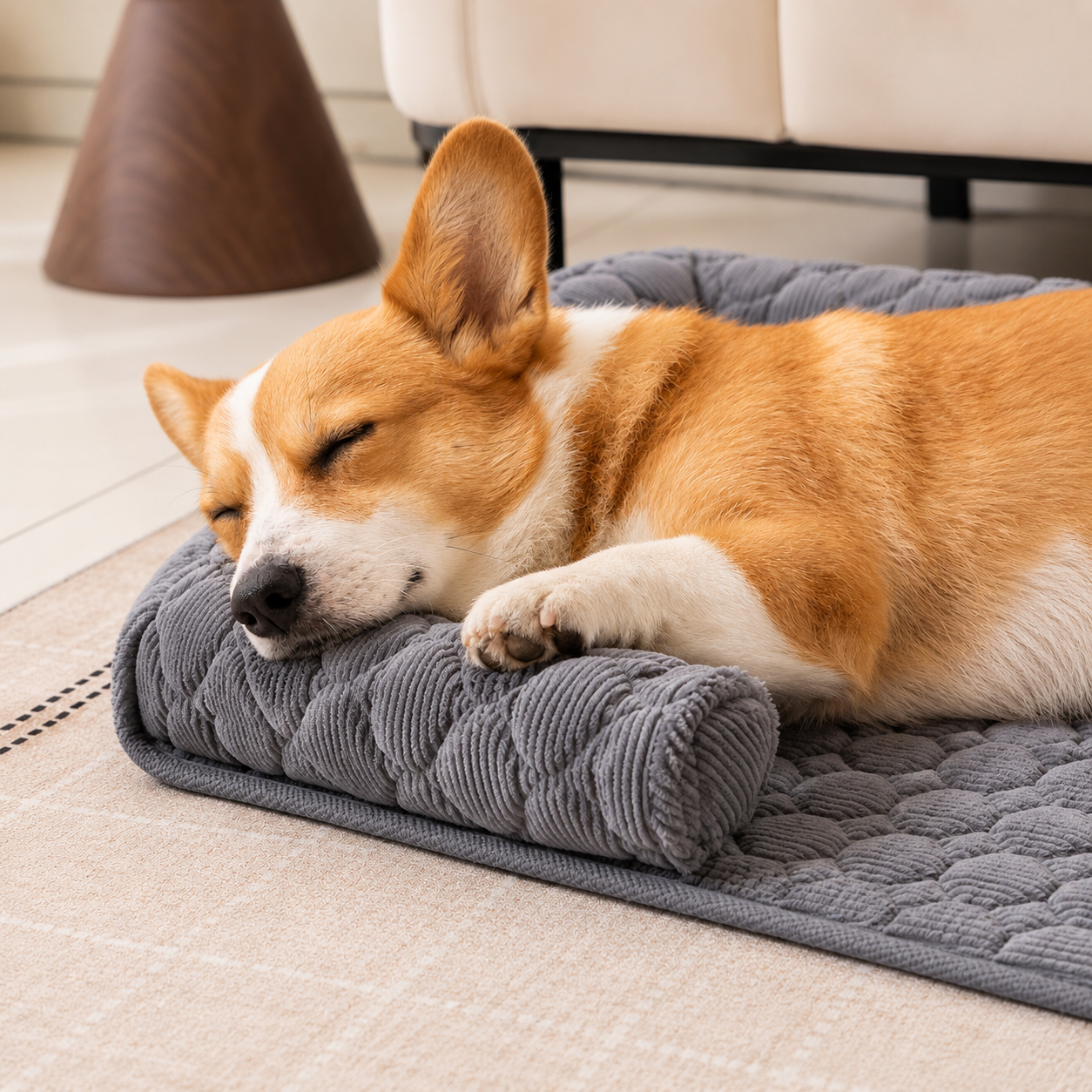 Corgi sleeping on the Oasis cushion in gray, resting its head on the bolster