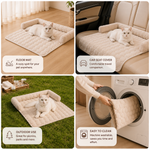 Collage showing the Oasis cushion used as a floor mat, car seat cover, outdoors, and machine washed